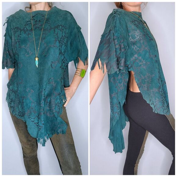 Vintage LEATHER Suede Fringes Top Blouse Asymmetrical Leather Blouse SOFT S - Picture 1 of 10